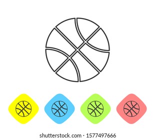 Grey line Basketball ball icon isolated on white background. Sport symbol. Set icons in color rhombus buttons. Vector Illustration