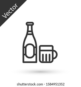Grey line Beer bottle and glass icon isolated on white background. Alcohol Drink symbol.  Vector Illustration
