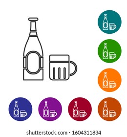 Grey line Beer bottle and glass icon isolated on white background. Alcohol Drink symbol. Set icons in color circle buttons. Vector Illustration