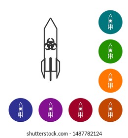 Grey line Biohazard rocket icon isolated on white background. Rocket bomb flies up. Set icons in color circle buttons. Vector Illustration