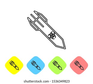 Grey line Biohazard rocket icon isolated on white background. Rocket bomb flies down. Set icons in color rhombus buttons. Vector Illustration