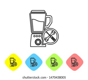 Grey line Blender with screwdriver and wrench icon isolated on white background. Adjusting, service, setting, maintenance, repair, fixing. Set icon in color rhombus buttons. Vector Illustration