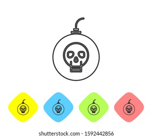 Grey line Bomb ready to explode icon isolated on white background. Happy Halloween party. Set icons in color rhombus buttons. Vector Illustration