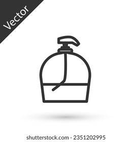 Grey line Bottle of liquid antibacterial soap with dispenser icon isolated on white background. Disinfection, hygiene, skin care.  Vector Illustration