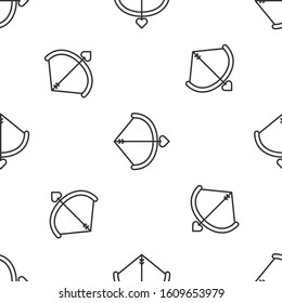Grey line Bow and arrow icon isolated seamless pattern on white background. Cupid symbol. Love sign. Valentines day concept.  Vector Illustration