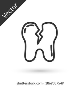 Línea gris Icono de diente roto aislado en fondo blanco. Icono de problema dental. Símbolo de cuidado dental. Vector.