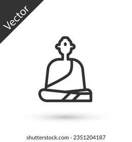 Grey line Buddhist monk in robes sitting in meditation icon isolated on white background.  Vector Illustration