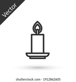 Grey line Burning candle icon isolated on white background. Cylindrical candle stick with burning flame. Vector.