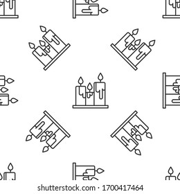 Grey line Burning candles icon isolated seamless pattern on white background. Cylindrical candle stick with burning flame. Vector Illustration