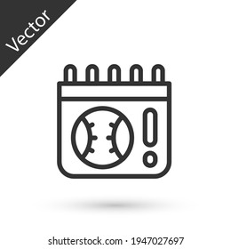 Grey line Calendar with baseball game icon isolated on white background. Game day. Vector