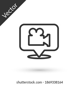 Grey line Camera and location pin icon isolated on white background. Vector.