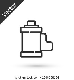 Grey line Camera vintage film roll cartridge icon isolated on white background. 35mm film canister. Filmstrip photographer equipment. Vector.