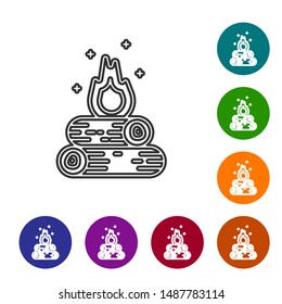 Grey line Campfire icon isolated on white background. Burning bonfire with wood. Set icons in color circle buttons. Vector Illustration