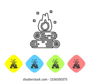 Grey line Campfire icon isolated on white background. Burning bonfire with wood. Set icons in color rhombus buttons. Vector Illustration