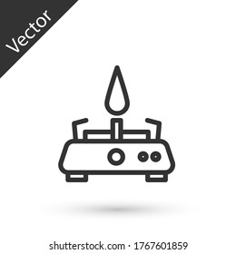 Grey line Camping gas stove icon isolated on white background. Portable gas burner. Hiking, camping equipment. Vector