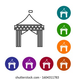 Grey line Camping tent icon isolated on white background. Carnival camping tent. Amusement park. Set icons in color circle buttons. Vector Illustration