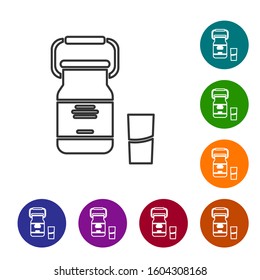 Grey line Can container for milk and glass icon isolated on white background. Set icons in color circle buttons. Vector Illustration