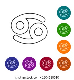 Grey line Cancer zodiac sign icon isolated on white background. Astrological horoscope collection. Set icons in color circle buttons. Vector Illustration