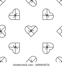 Grey line Candy in heart shaped box and bow icon isolated seamless pattern on white background. Valentines Day.  Vector Illustration