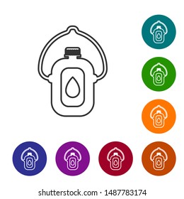 Grey line Canteen water bottle icon isolated on white background. Tourist flask icon. Jar of water use in the campaign. Set icons in color circle buttons. Vector Illustration