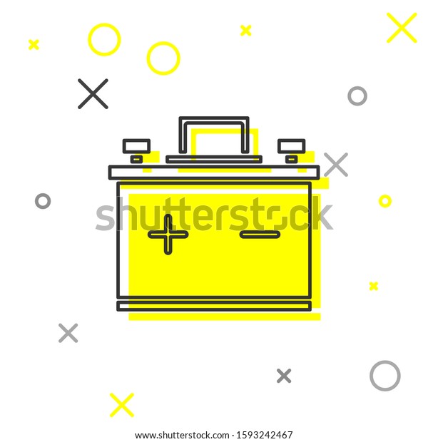 Grey line Car battery icon isolated on white\
background. Accumulator battery energy power and electricity\
accumulator battery.  Vector\
Illustration