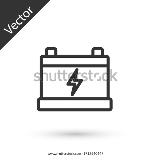 Grey line Car battery icon isolated on white\
background. Accumulator battery energy power and electricity\
accumulator battery.\
Vector.