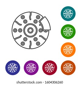 Grey line Car brake disk with caliper icon isolated on white background. Set icons in color circle buttons. Vector Illustration