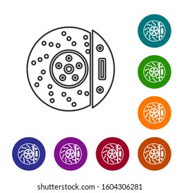 Grey line Car brake disk with caliper icon isolated on white background. Set icons in color circle buttons. Vector Illustration