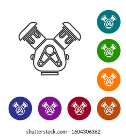 Grey line Car engine icon isolated on white background. Set icons in color circle buttons. Vector Illustration