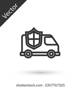 Grey line Car with shield icon isolated on white background. Insurance concept. Security, safety, protection, protect concept.  Vector