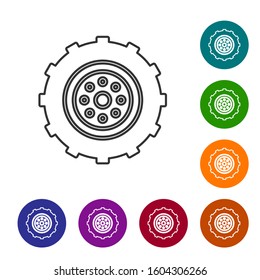 Grey line Car wheel icon isolated on white background. Set icons in color circle buttons. Vector Illustration