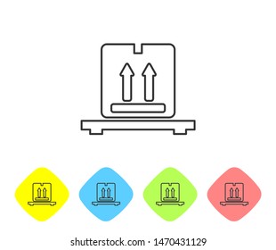 Grey line Cardboard boxes on pallet icon isolated on white background. Closed carton delivery packaging box with fragile signs. Set icons in color rhombus buttons. Vector Illustration