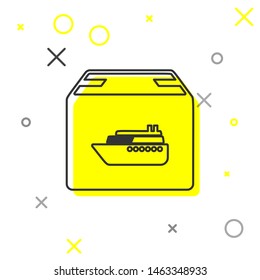 Grey line Cargo ship with boxes delivery service icon isolated on white background. Delivery, transportation. Freighter with parcels, boxes, goods.  Vector Illustration