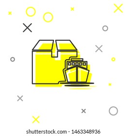 Grey line Cargo ship with boxes delivery service icon isolated on white background. Delivery, transportation. Freighter with parcels, boxes, goods.  Vector Illustration