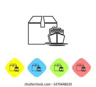 Grey line Cargo ship with boxes delivery service icon on white background. Delivery, transportation. Freighter with parcels, boxes, goods. Set icons in color rhombus buttons. Vector Illustration