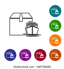 Grey line Cargo ship with boxes delivery service icon on white background. Delivery, transportation. Freighter with parcels, boxes, goods. Set icons in color circle buttons. Vector Illustration
