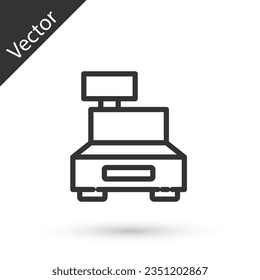 Grey line Cash register machine with a check icon isolated on white background. Cashier sign. Cashbox symbol.  Vector Illustration