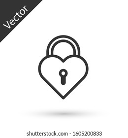 Grey line Castle in the shape of a heart icon isolated on white background. Locked Heart. Love symbol and keyhole sign.  Vector Illustration