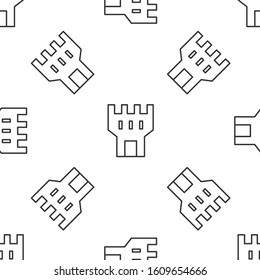 Grey line Castle tower icon isolated seamless pattern on white background. Fortress sign.  Vector Illustration