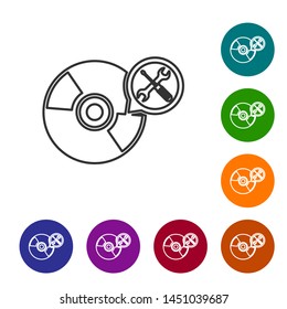 Grey line CD or DVD disk with screwdriver and wrench icon isolated on white background. Adjusting, service, setting, maintenance, repair, fixing. Set icon in color circle buttons. Vector Illustration