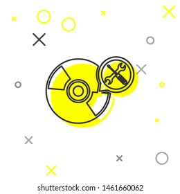 Grey line CD or DVD disk with screwdriver and wrench icon isolated on white background. Adjusting, service, setting, maintenance, repair, fixing.  Vector Illustration