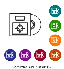 Grey line CD or DVD disk in box icon isolated on white background. Compact disc sign. Set icons in color circle buttons. Vector Illustration
