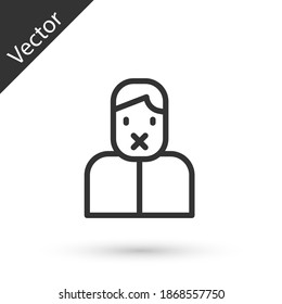 Grey line Censor and freedom of speech concept icon isolated on white background. Media prisoner and human rights concept. Tied mouth. Vector.