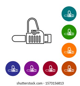 Grey line Chainsaw icon isolated on white background. Set icons in color circle buttons. Vector Illustration
