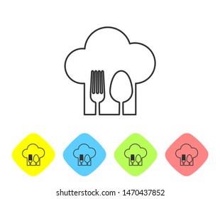 Grey line Chef hat with fork and spoon icon isolated on white background. Cooking symbol. Restaurant menu. Cooks hat. Set icon in color rhombus buttons. Vector Illustration