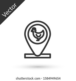 Grey line Chicken farm and location icon isolated on white background.  Vector Illustration