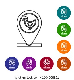 Grey line Chicken farm and location icon isolated on white background. Set icons in color circle buttons. Vector Illustration