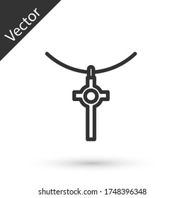 Grey line Christian cross on chain icon isolated on white background. Church cross. Vector Illustration