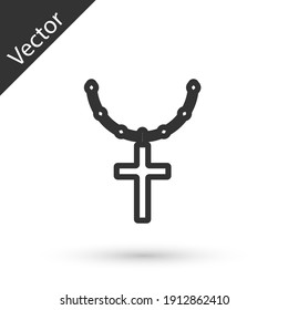 Grey line Christian cross on chain icon isolated on white background. Church cross. Vector.