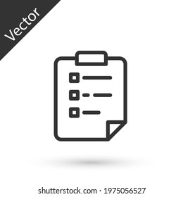 Grey line Clipboard with checklist icon isolated on white background. Control list symbol. Survey poll or questionnaire feedback form. Vector